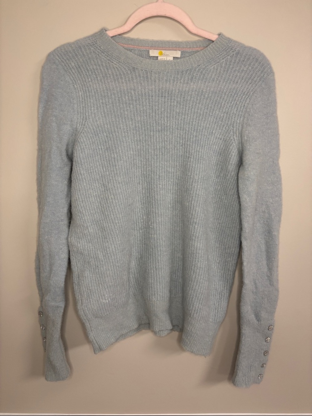Boden Light Blue Crewneck Sweater with Sleeve Buttons Alpaca